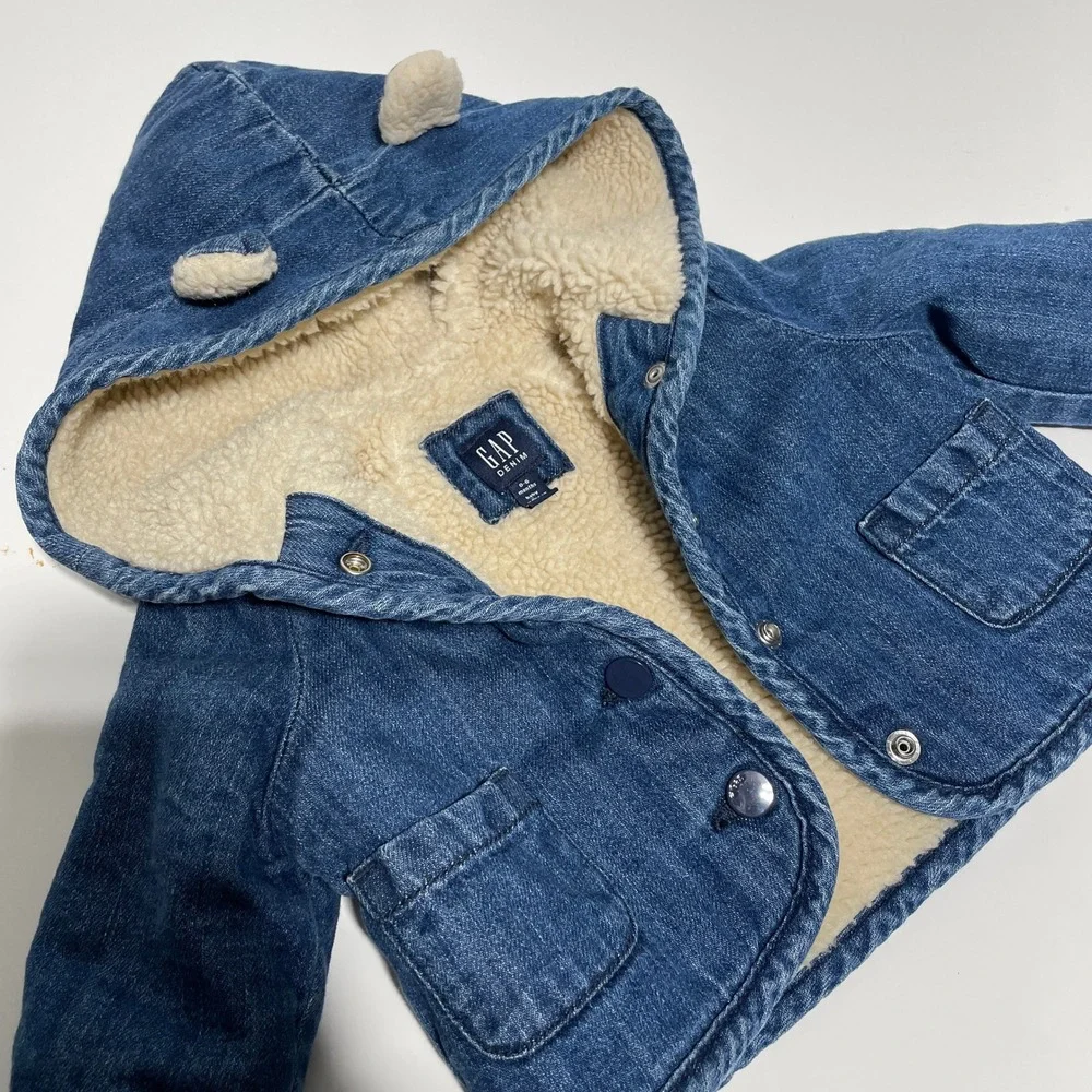Gap Baby Bear‎ Ear Denim Jacket Sherpa Borg Lined Blue Hooded Coat 0-6 Months